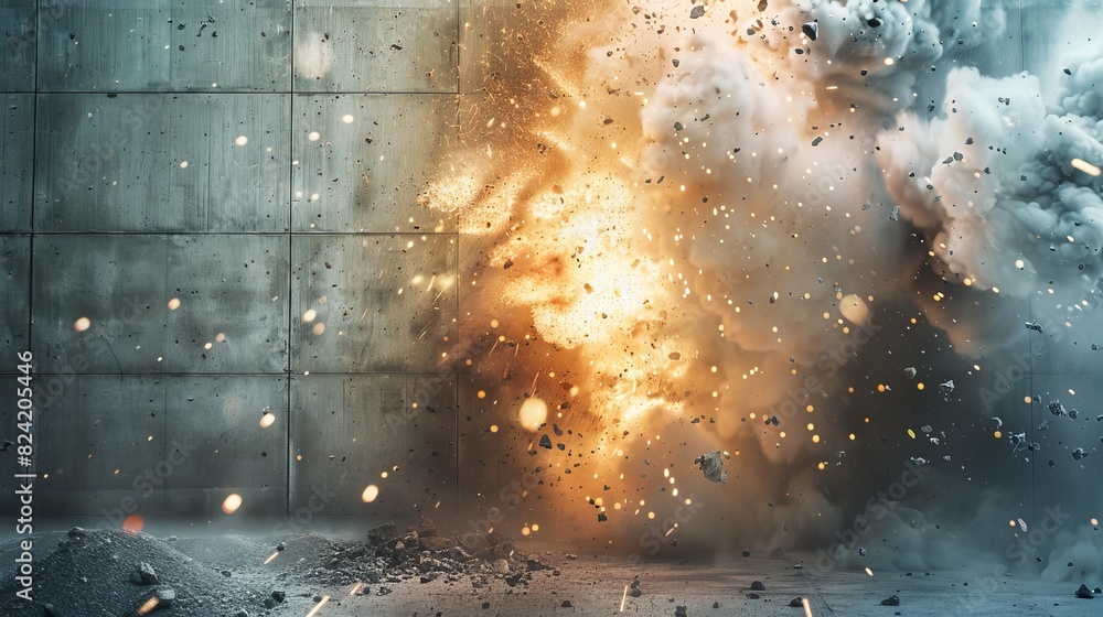 Explosion breaking through a concrete wall, detailed depiction of ...