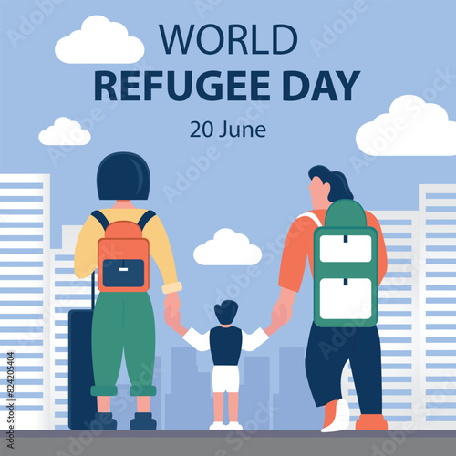 illustration vector graphic of family on the streets of a big city, featuring skyscrapers, perfect for international day, world refugee day, celebrate, greeting card, etc.