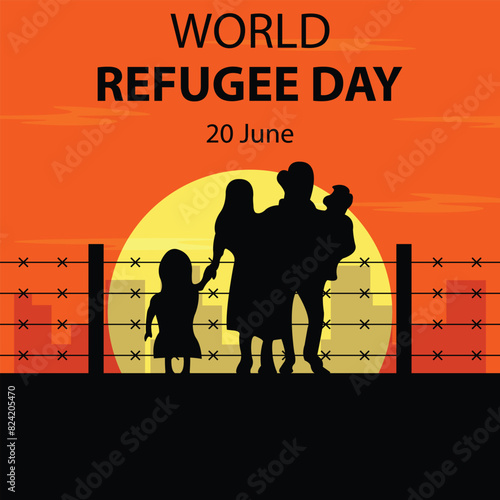 illustration vector graphic of silhouette of a family towards the city border, perfect for international day, world refugee day, celebrate, greeting card, etc.