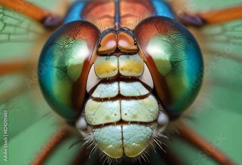 A close-up macro shot of a large orange and green dragonfly head , showcasing its compound eyes, antennae, and intricate facial features © luxifer
