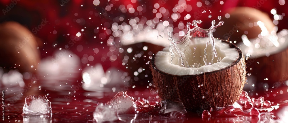 Coconut chunks and ice cubes splashing into coconut water, Dark red ...