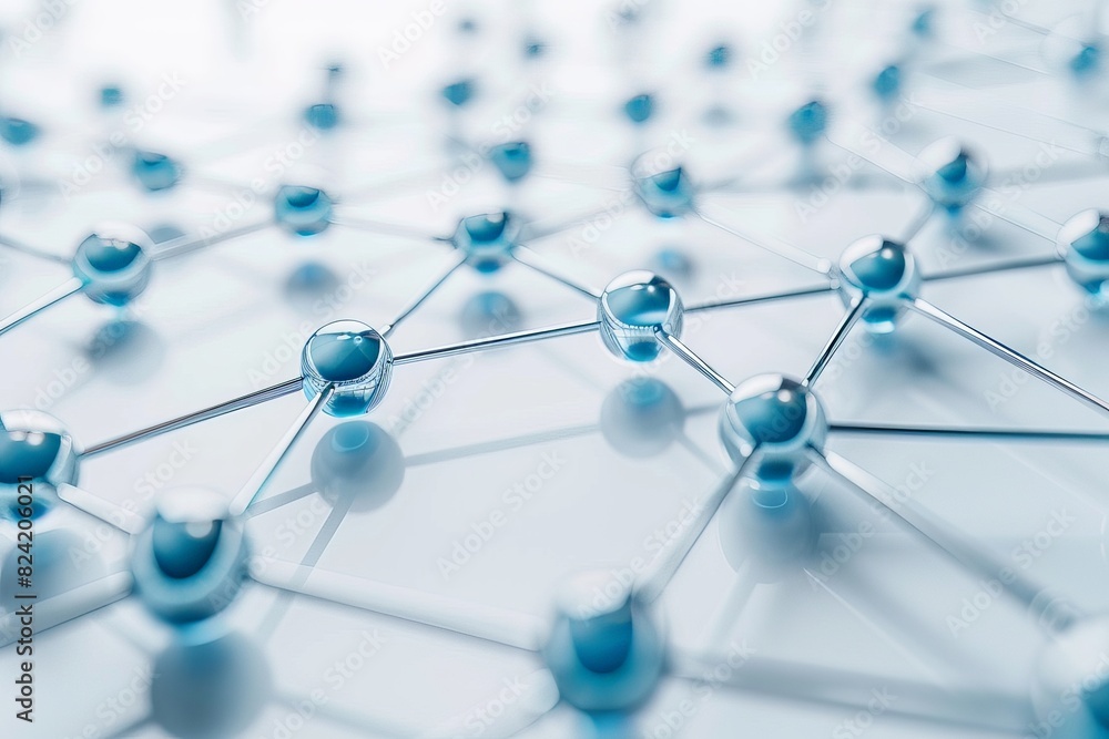 Abstract network with connected blue spheres on white background symbolizing technology, communication, and data structure. Abstract network with connected blue spheres on white background symbolizing technology, communication, and data structure.