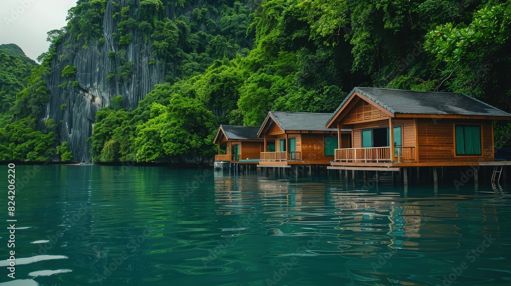 A peaceful scene of wooden bungalows floating on calm waters, nestled near a secluded island with dense greenery. A peaceful scene of wooden bungalows floating on calm waters, nestled near a secluded island with dense greenery.