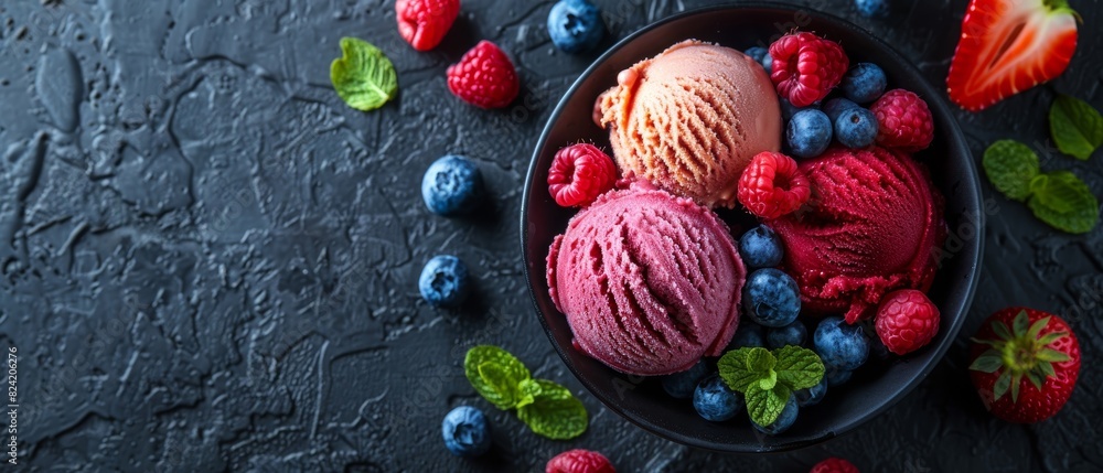 Creative food concept, Scoop balls of colorful gelato sorbet ice cream in black bowl, Dark concrete background, Scattered raspberries, blueberries, strawberries, Copy text space