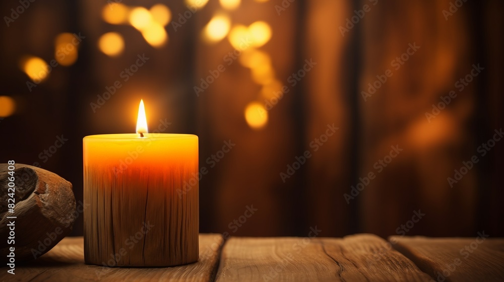 A candle is lit on a wooden table A candle is lit on a wooden table