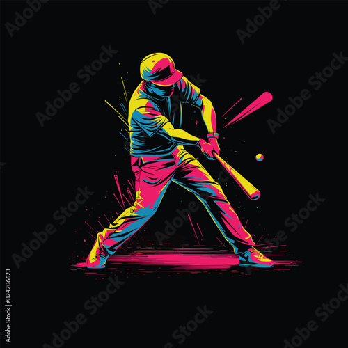 Baseball softball player in action vector illustration hitter swinging with a bat design template