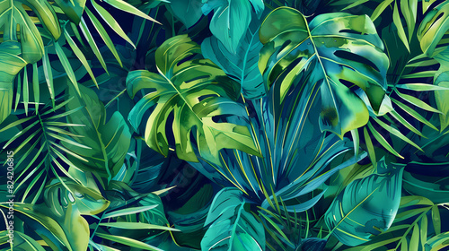 A seamless pattern of watercolor tropical leaves