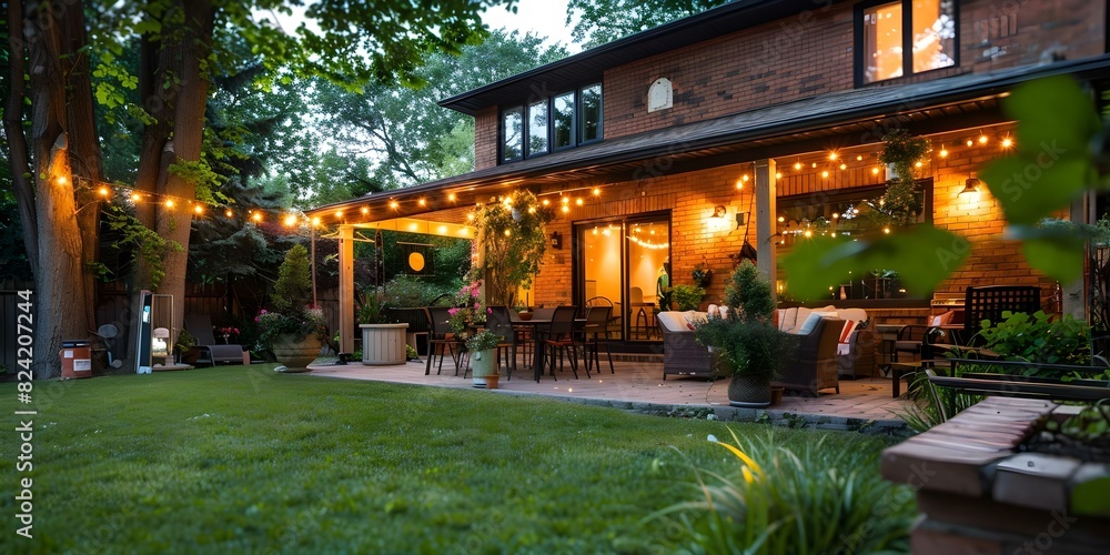 Illuminated suburban home patio on a summer evening. Concept Home Decor, Suburban Living, Outdoor Lighting, Patio Design, Summer Nights Illuminated suburban home patio on a summer evening. Concept Home Decor, Suburban Living, Outdoor Lighting, Patio Design, Summer Nights