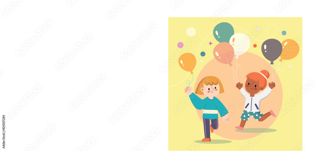 Obraz premium Childrens day illustration poster with children character and happy kids with balloon MJ024