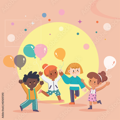 Childrens day illustration poster with children character and happy kids with balloon MJ024