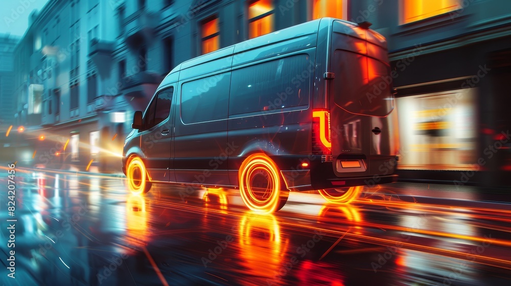 High-speed delivery van with fiery wheels, maneuvering through a busy city, showcasing the intensity of modern logistics High-speed delivery van with fiery wheels, maneuvering through a busy city, showcasing the intensity of modern logistics