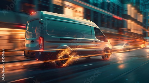 High-speed logistics van with wheels on fire, cutting through city traffic, a symbol of fast and reliable delivery services photo