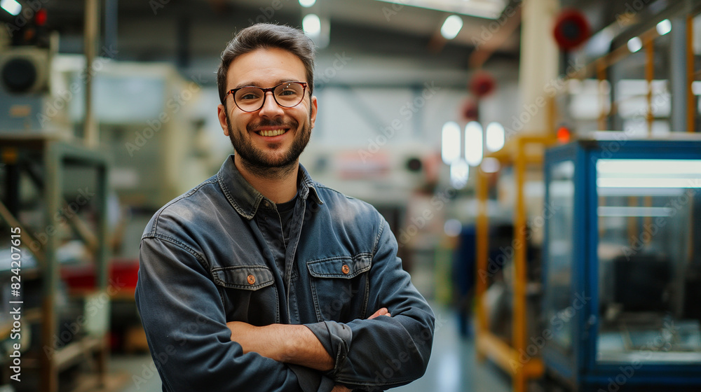 portrait of a smiling engineer standing in modern manufacturing factory plant portrait of a smiling engineer standing in modern manufacturing factory plant