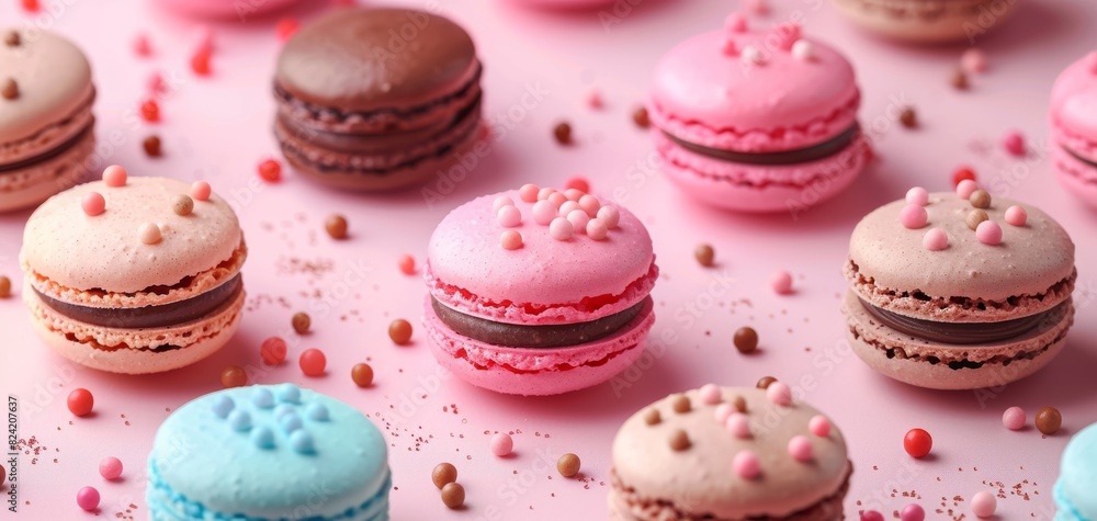 Macaroon Macaron pattern with colorful candies, Pastel shades, Pink background, Creative food template, Magazine, Banner, Advertisement Macaroon Macaron pattern with colorful candies, Pastel shades, Pink background, Creative food template, Magazine, Banner, Advertisement