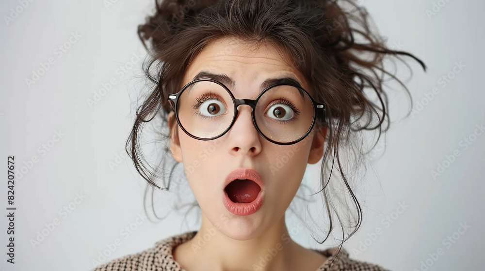 Shock, glasses and portrait of businesswoman in a studio with wow, omg or wtf facial expression Shock, glasses and portrait of businesswoman in a studio with wow, omg or wtf facial expression