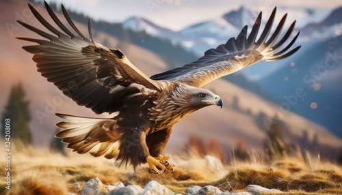 A MAJESTIC EAGLE FLYING CLOSE TO THE GROUND, HIGHLY DETAILED, HYPER-REALISTIC photo