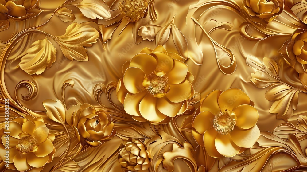 A rich abstract gold floral texture showcasing elaborate blooms and curling leaves, creating a sophisticated and decorative background. A rich abstract gold floral texture showcasing elaborate blooms and curling leaves, creating a sophisticated and decorative background.