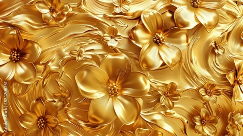 A rich abstract gold floral texture with stylized flowers and curling vines, offering a warm and inviting decorative pattern.