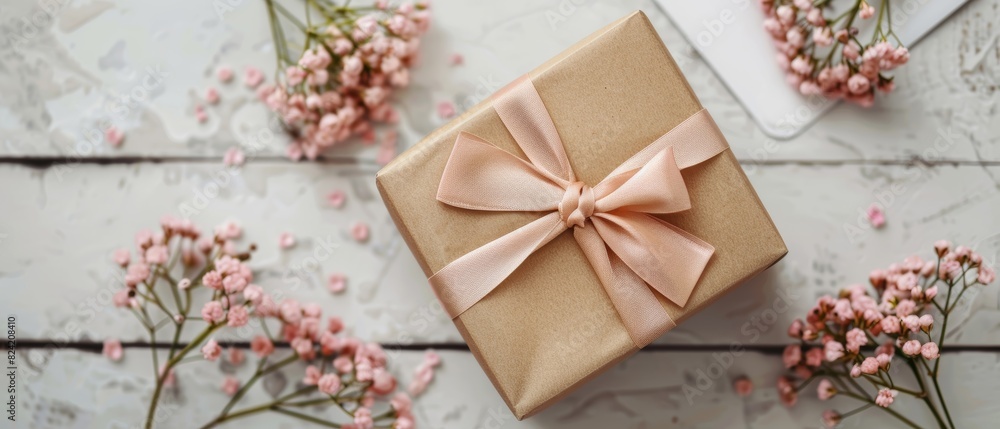 Gift box with floral ribbon and card on white rustic table, Creative template, Mock up presentation, Copy text space, Top view, Flat lay Gift box with floral ribbon and card on white rustic table, Creative template, Mock up presentation, Copy text space, Top view, Flat lay