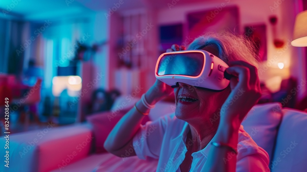 Mature woman in a futuristic living room, wearing VR glasses, experiencing virtual reality with excitement and curiosity Mature woman in a futuristic living room, wearing VR glasses, experiencing virtual reality with excitement and curiosity