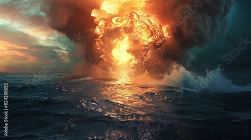 Massive oceanic explosion, nuclear fireball, water turning to steam and fire, dramatic visuals