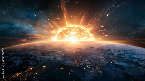 Nuclear blast captured from space, Earth glowing with the intense light of the explosion, massive shockwave expanding photo