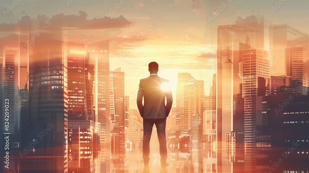 Double exposure image of the businessman standing back during sunrise overlay with cityscape image. The concept of modern life. generative ai Double exposure image of the businessman standing back during sunrise overlay with cityscape image. The concept of modern life. generative ai