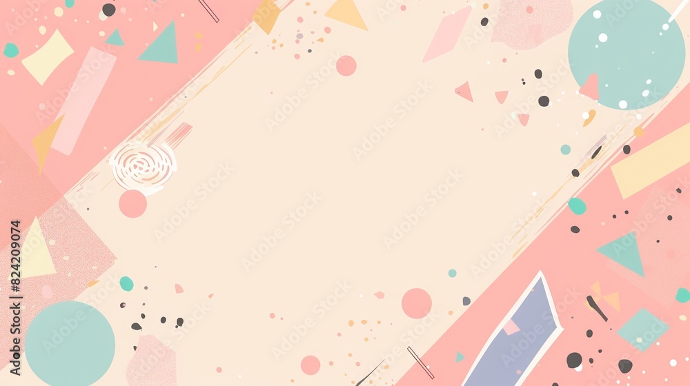 Pastel geometric shapes and freeform designs, cute cartoonish style, creating a playful border around an empty space for a message, minimal background Pastel geometric shapes and freeform designs, cute cartoonish style, creating a playful border around an empty space for a message, minimal background