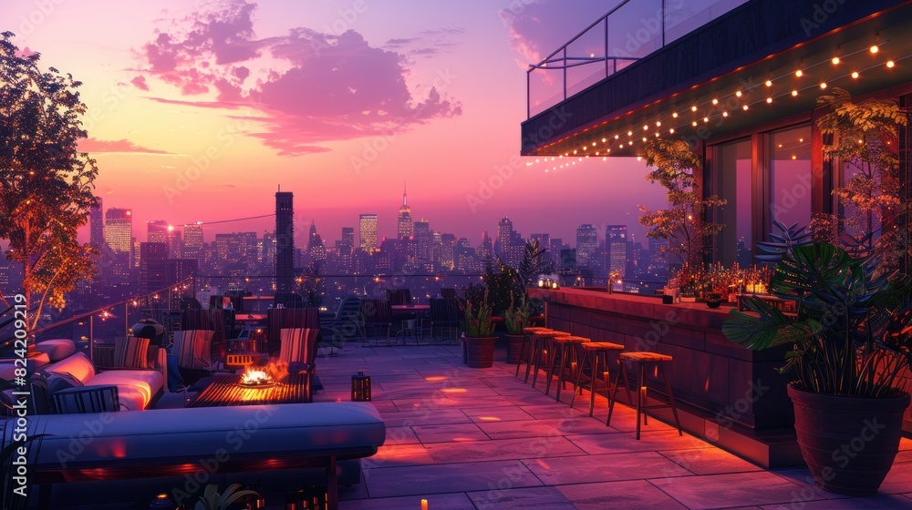 Naklejka premium A sleek barbecue enhances the modern city rooftop terrace with its panoramic skyline view.