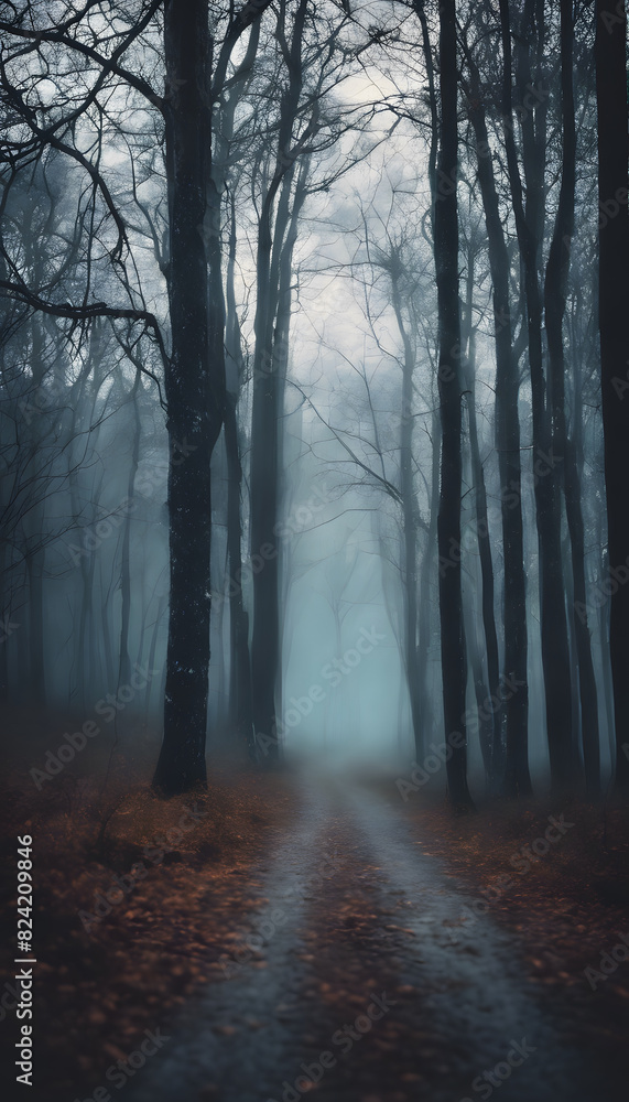 Obraz premium A foggy forest path with tall, leafless trees on either side. The ground is covered with fallen leaves, and the atmosphere is eerie and mysterious.