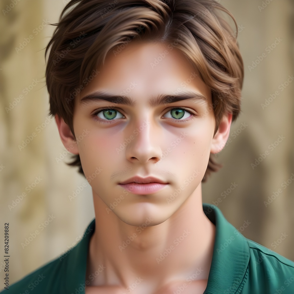 hot boy with green eyes, brown hair in a middle part, 15 years old hot boy with green eyes, brown hair in a middle part, 15 years old