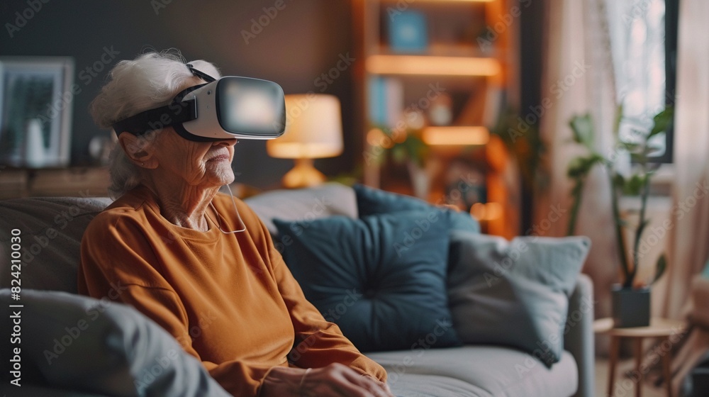 Fototapeta premium Senior lady enjoying virtual reality, with VR glasses on, surrounded by a comfortable living room with modern furniture and lighting