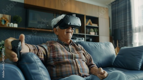 Senior playing a VR game, modern living room setting, realistic expressions, advanced VR equipment, exciting atmosphere