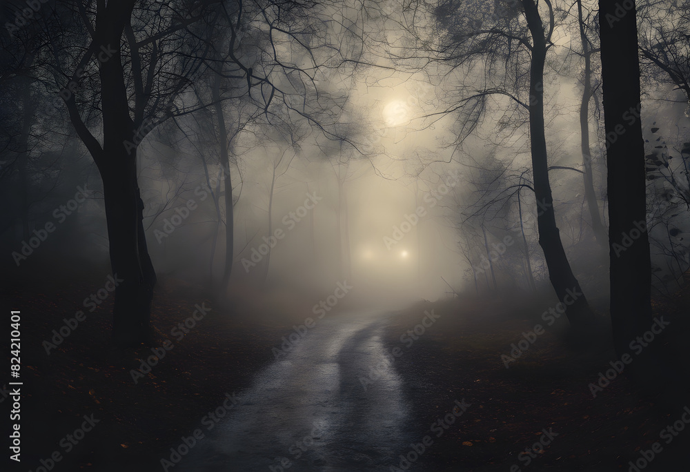 A foggy forest path illuminated by mysterious lights in the distance. The scene is dark and eerie, with tall trees and dense fog creating a spooky atmosphere. A foggy forest path illuminated by mysterious lights in the distance. The scene is dark and eerie, with tall trees and dense fog creating a spooky atmosphere.