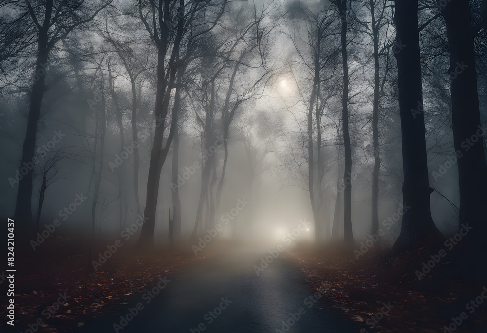 Fototapeta premium A foggy forest road at night with car headlights in the distance. The scene is eerie and mysterious, with tall trees and a dimly lit path.