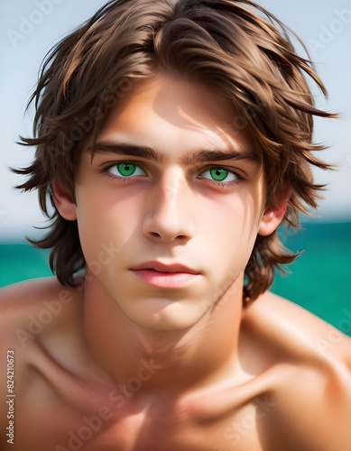 hot boy with green eyes, brown hair in a middle part, 15 years old photo