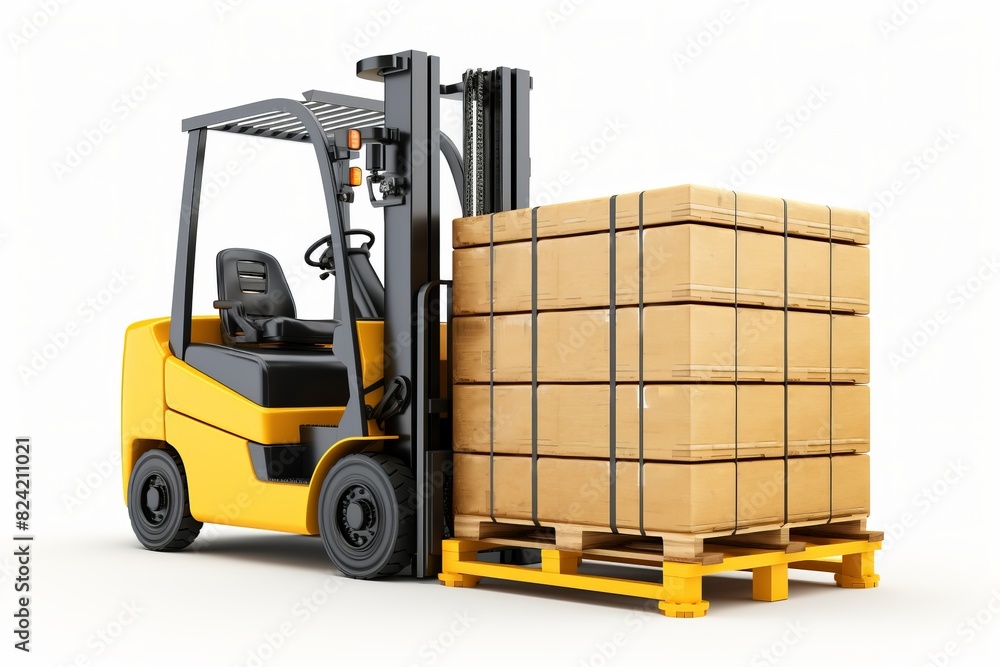 A forklift is lifting a pallet of boxes