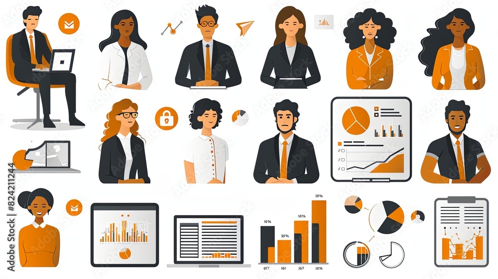 Set of business and finance people illustrations. Flat design vector illustrations of business, management, payment, market research and data analysis, communication Set of business and finance people illustrations. Flat design vector illustrations of business, management, payment, market research and data analysis, communication