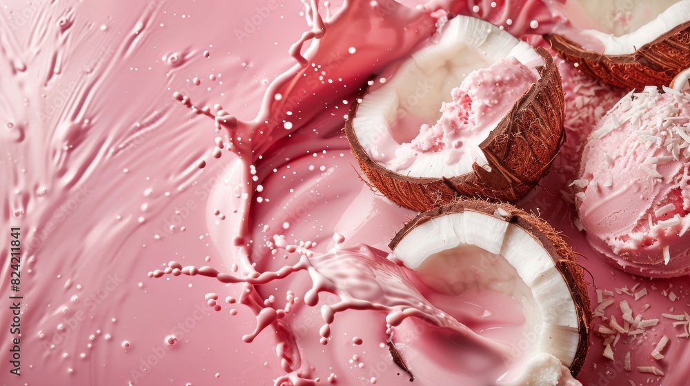 Fototapeta premium Coconut pieces splashing onto milk, Melted gelato, yoghurt, ice cream, Pink background, Copy text space, Top view, Flat lay