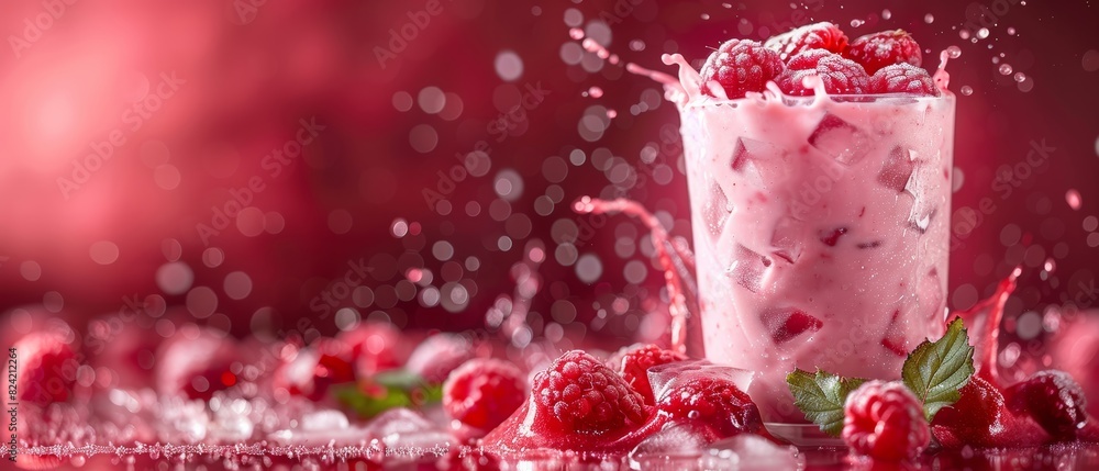 Ice cubes and raspberries splashing in yoghurt smoothie, Dark red gradient background, High detail, Copy text space Ice cubes and raspberries splashing in yoghurt smoothie, Dark red gradient background, High detail, Copy text space