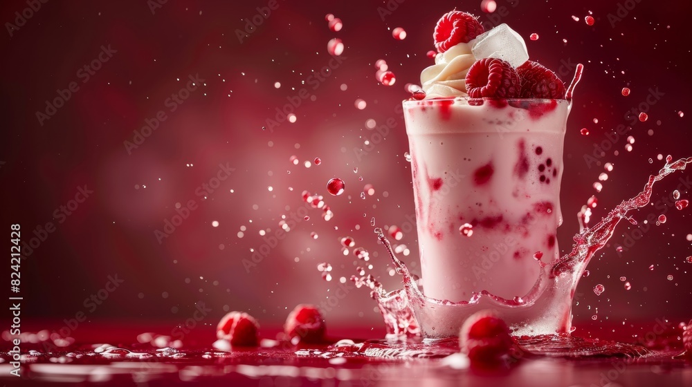 Milkshake with raspberries and ice cubes splashing, Liquid droplets, Dark red gradient background, High detail, Copy text space Milkshake with raspberries and ice cubes splashing, Liquid droplets, Dark red gradient background, High detail, Copy text space