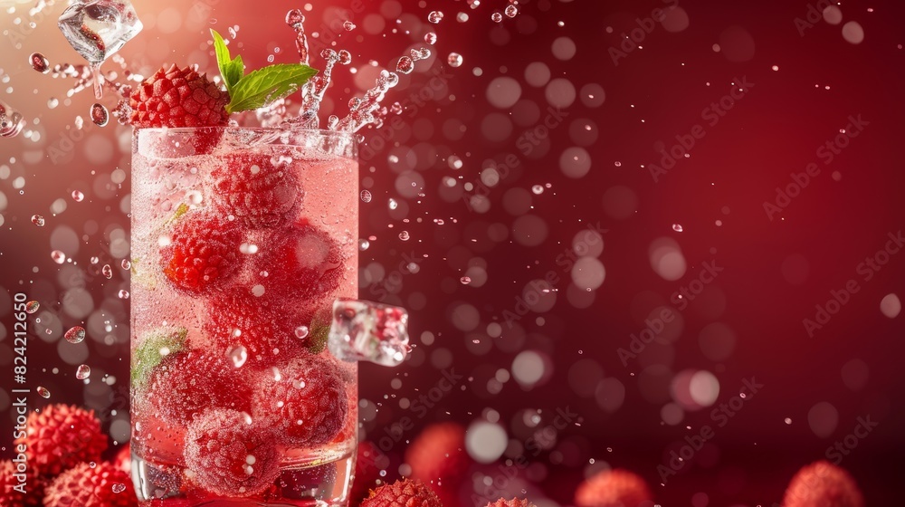 Lychee and ice cubes dropping into lychee drink, Dark red gradient background, High detail, Copy text space Lychee and ice cubes dropping into lychee drink, Dark red gradient background, High detail, Copy text space