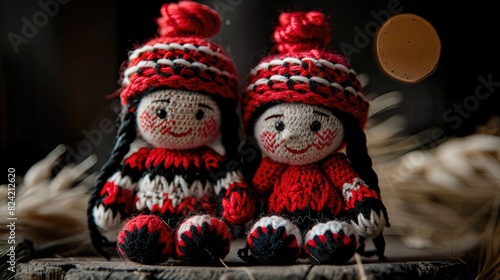 Traditional red and white yarn dolls on a black background representing the male and female figures named Pizho and Penda worn on Baba Marta Day to symbolize the arrival of spring photo