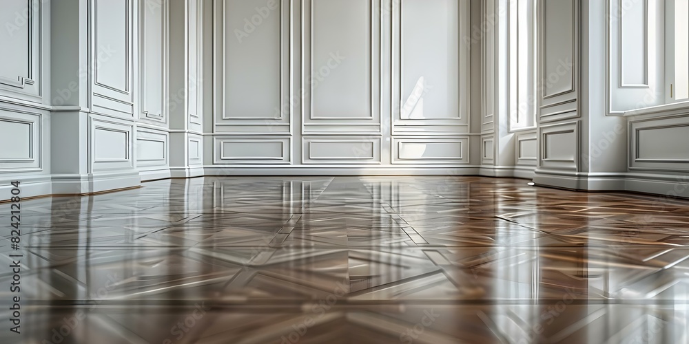 Classic White Wall Background with Brown Hardwood Flooring: Centered Copy Space and Selective Focus. Concept White Wall Background, Brown Flooring, Copy Space, Selective Focus, Classic Setting Classic White Wall Background with Brown Hardwood Flooring: Centered Copy Space and Selective Focus. Concept White Wall Background, Brown Flooring, Copy Space, Selective Focus, Classic Setting