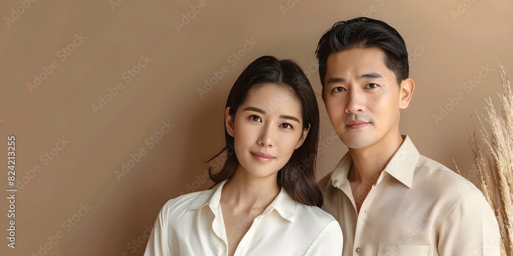 Capturing the Youthful Charm: Asian Couple Poses Together against a Backdrop. Concept Asian Couple Poses, Youthful Charm, Backdrop, Photoshoot, Posing Capturing the Youthful Charm: Asian Couple Poses Together against a Backdrop. Concept Asian Couple Poses, Youthful Charm, Backdrop, Photoshoot, Posing