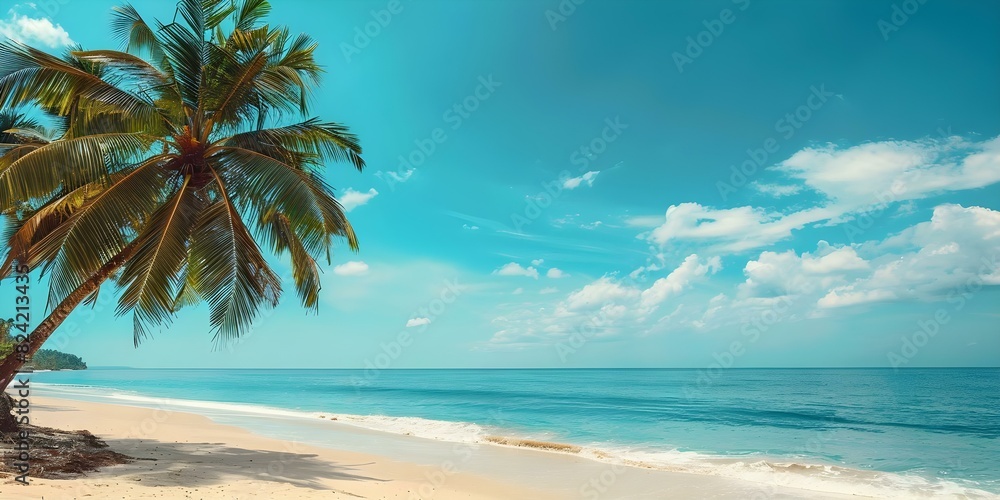 Classic Tropical Beach Scene with Palm Trees, Blue Sky, and Ocean View. Concept Beach Photography, Tropical Landscape, Palm Trees, Blue Sky, Ocean View