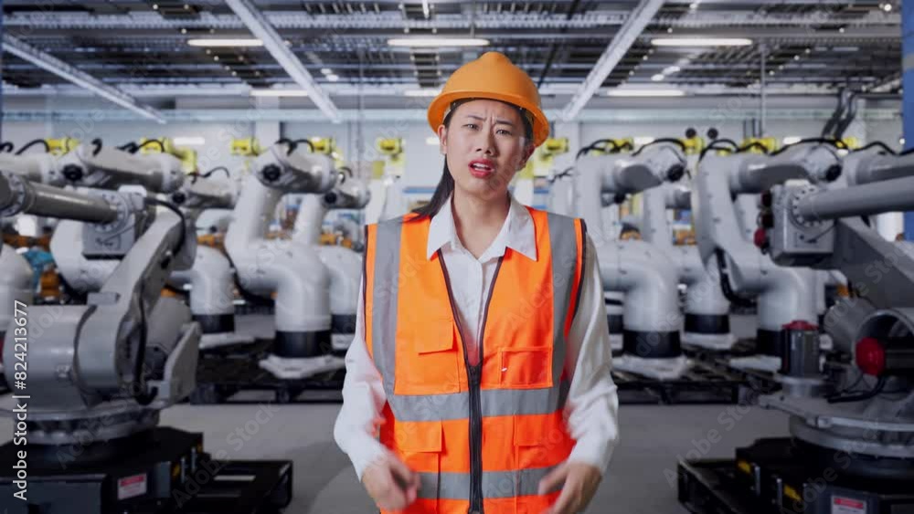 Wondering Asian Female Engineer With Safety Helmet Working Doubtfully With Robotic Arms Wondering Asian Female Engineer With Safety Helmet Working Doubtfully With Robotic Arms