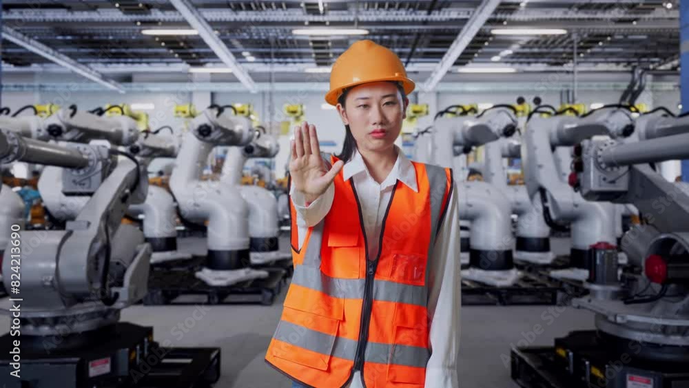 Asian Female Engineer With Safety Helmet Disapproving With No Hand Sign While Standing With Robotic Arms Asian Female Engineer With Safety Helmet Disapproving With No Hand Sign While Standing With Robotic Arms