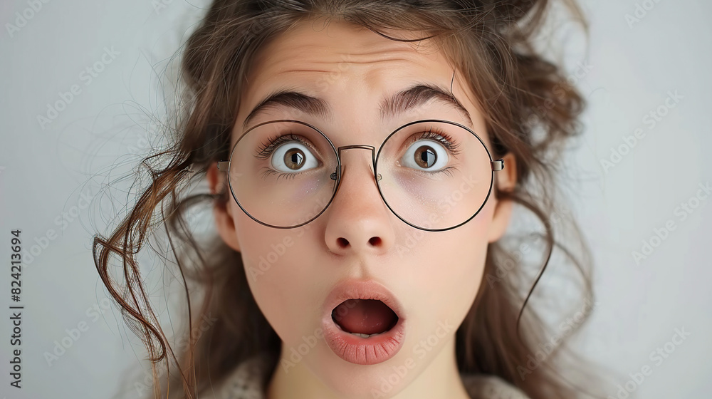 Shock, glasses and portrait of businesswoman in a studio with wow, omg or wtf facial expression Shock, glasses and portrait of businesswoman in a studio with wow, omg or wtf facial expression