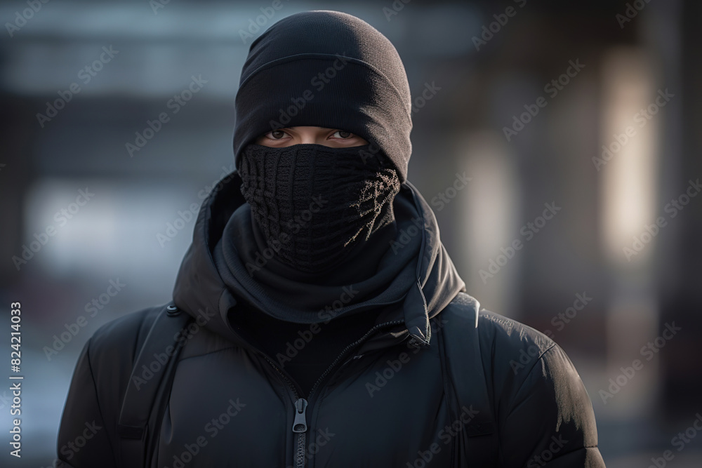 Masked Protester in Black Clothing Advocating for Political Change Masked Protester in Black Clothing Advocating for Political Change